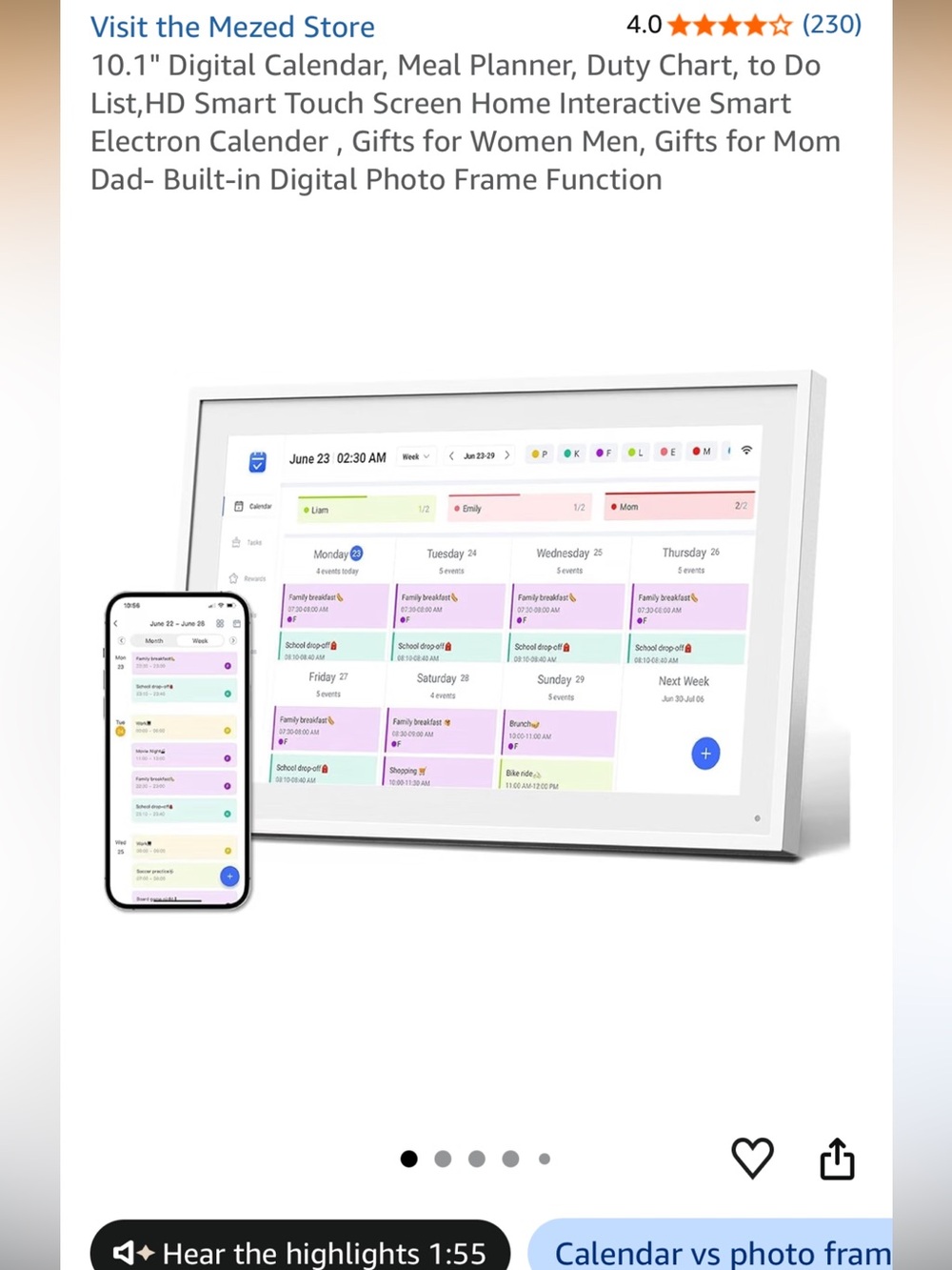 eCalendar 10.1” Smart Touch Screen Digital Calendar Frame - White, new in box